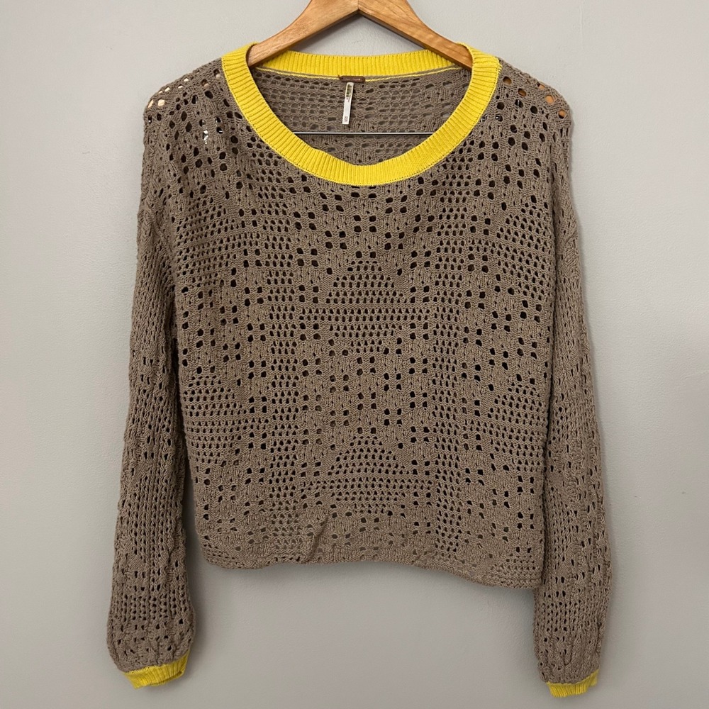 Free People Sweater Womens XS Taupe Yellow Home Run Crochet Knit Boho Open Weave